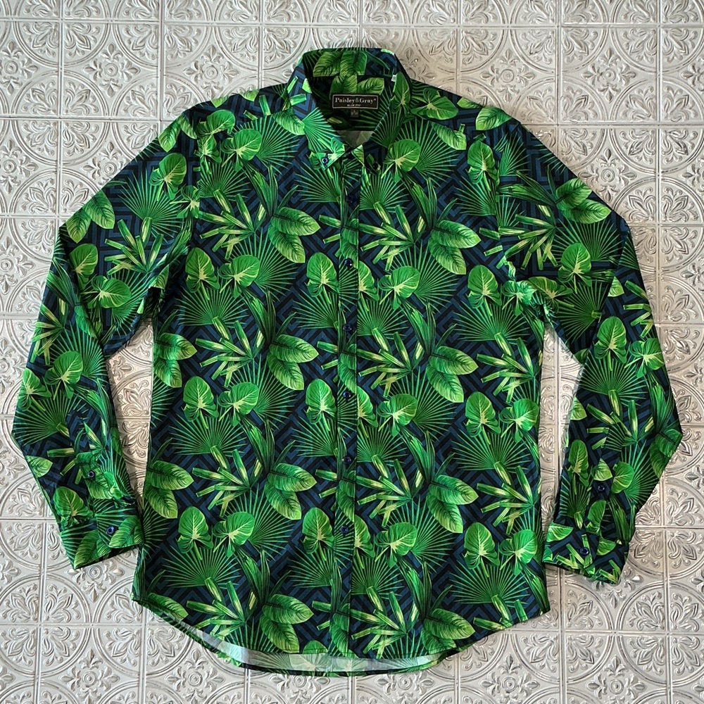 Paisley & Gray Men's Slim Fit Tropical Leaf Long Sleeve Button Down Shirt Large